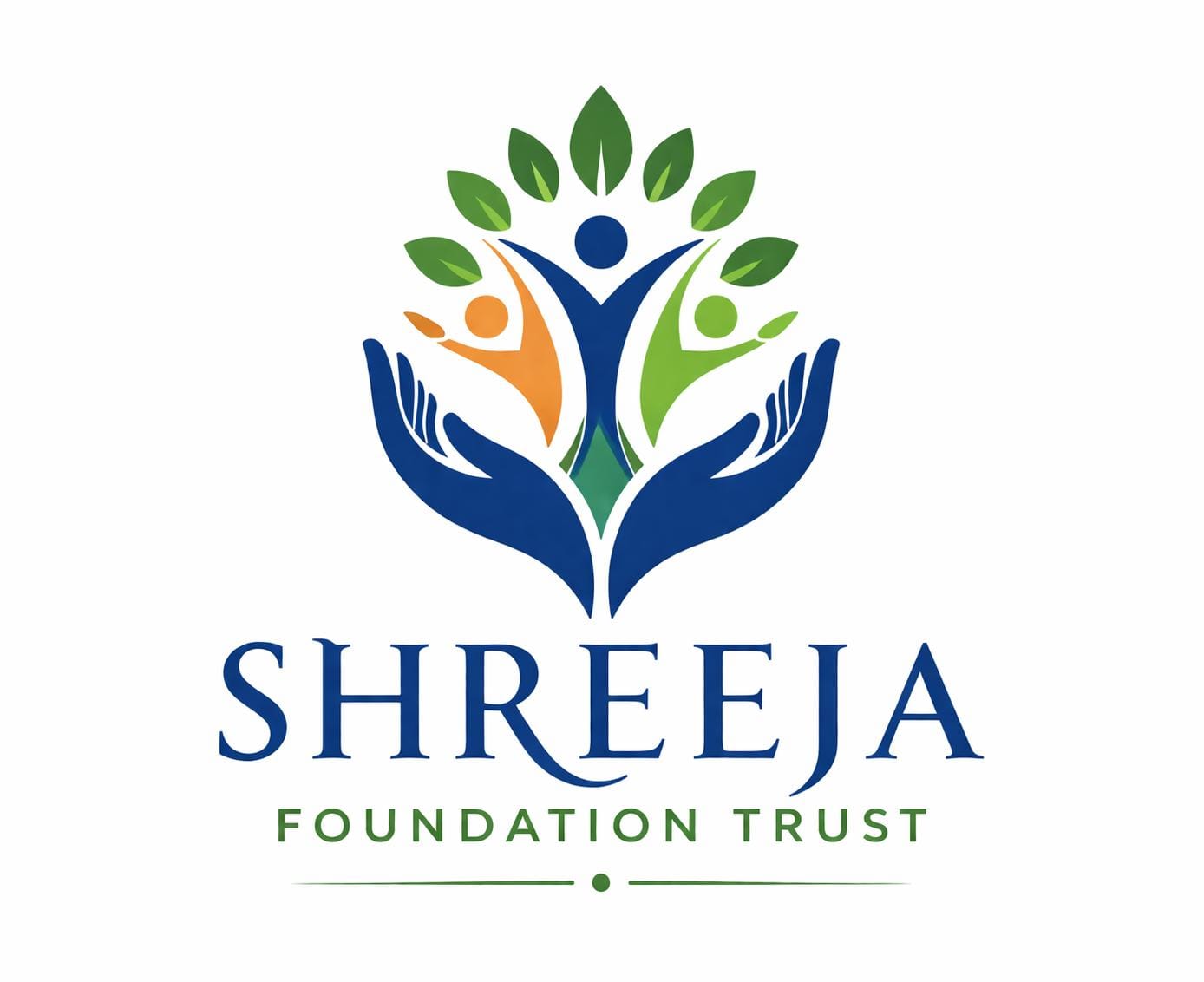 Shreeja Foundation Trust emblem — caring hands holding people and leaves